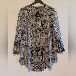 Lucky Brand XL Black Cream Border Print Peasant Blouse Boho 3/4 Sleeve Top